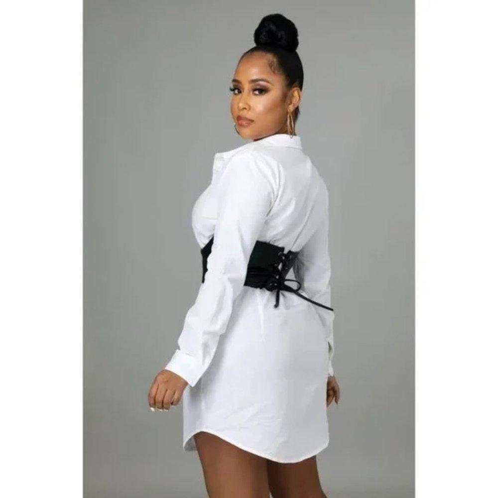 White Long Sleeve Mini Shirt Dress with Black Faux Leather Corset Belt - Picture 10 of 14